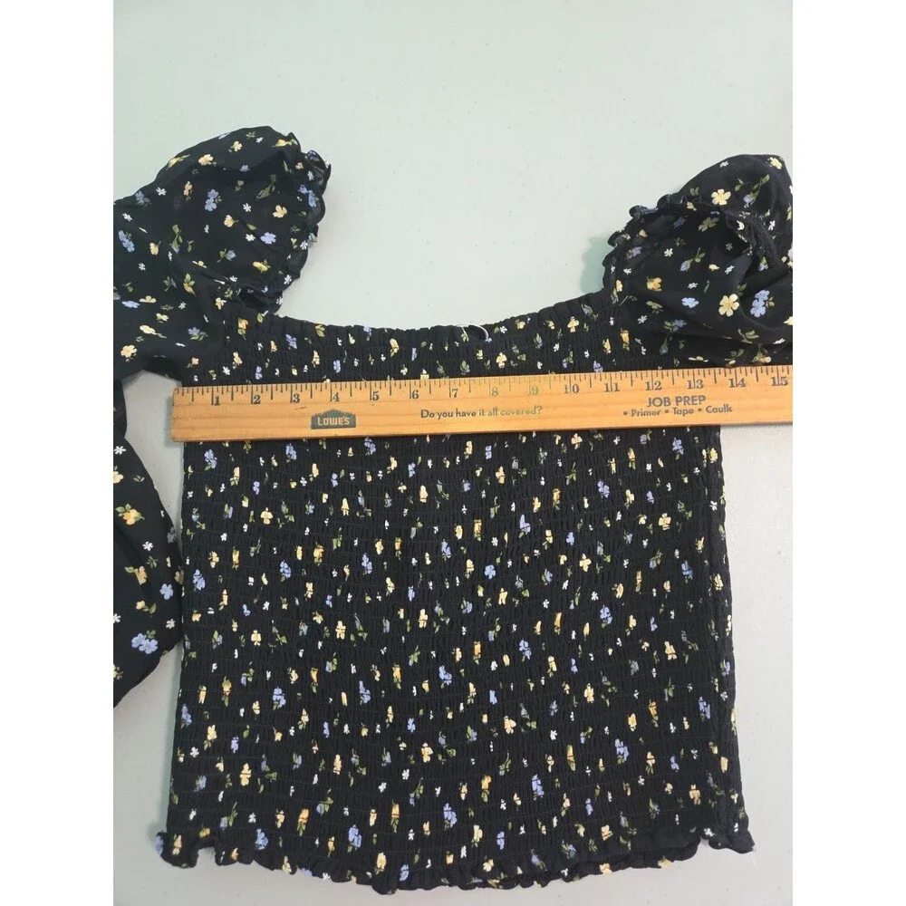 Reformation Pinto Smocked Puff Sleeve Top Freesia Blouse Shirt Black Medium Flor